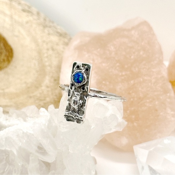 FIRE Opal Hand Crafted Artisan Solid Sterling Silver Hammered Owl Ring - Picture 2 of 4